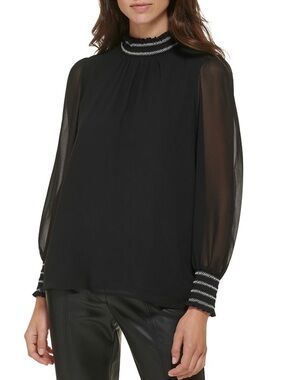 Karl Lagerfeld Paris Black Blouse Smocked Neck Puff Sheer Sleeve Small